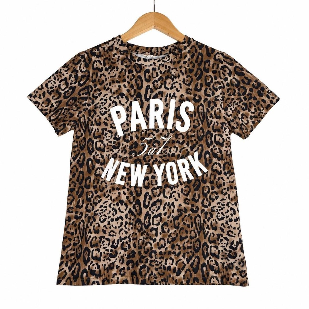 Cinq a Sept Paris New York Leopard Print Tee Womens Small Brown Excellent